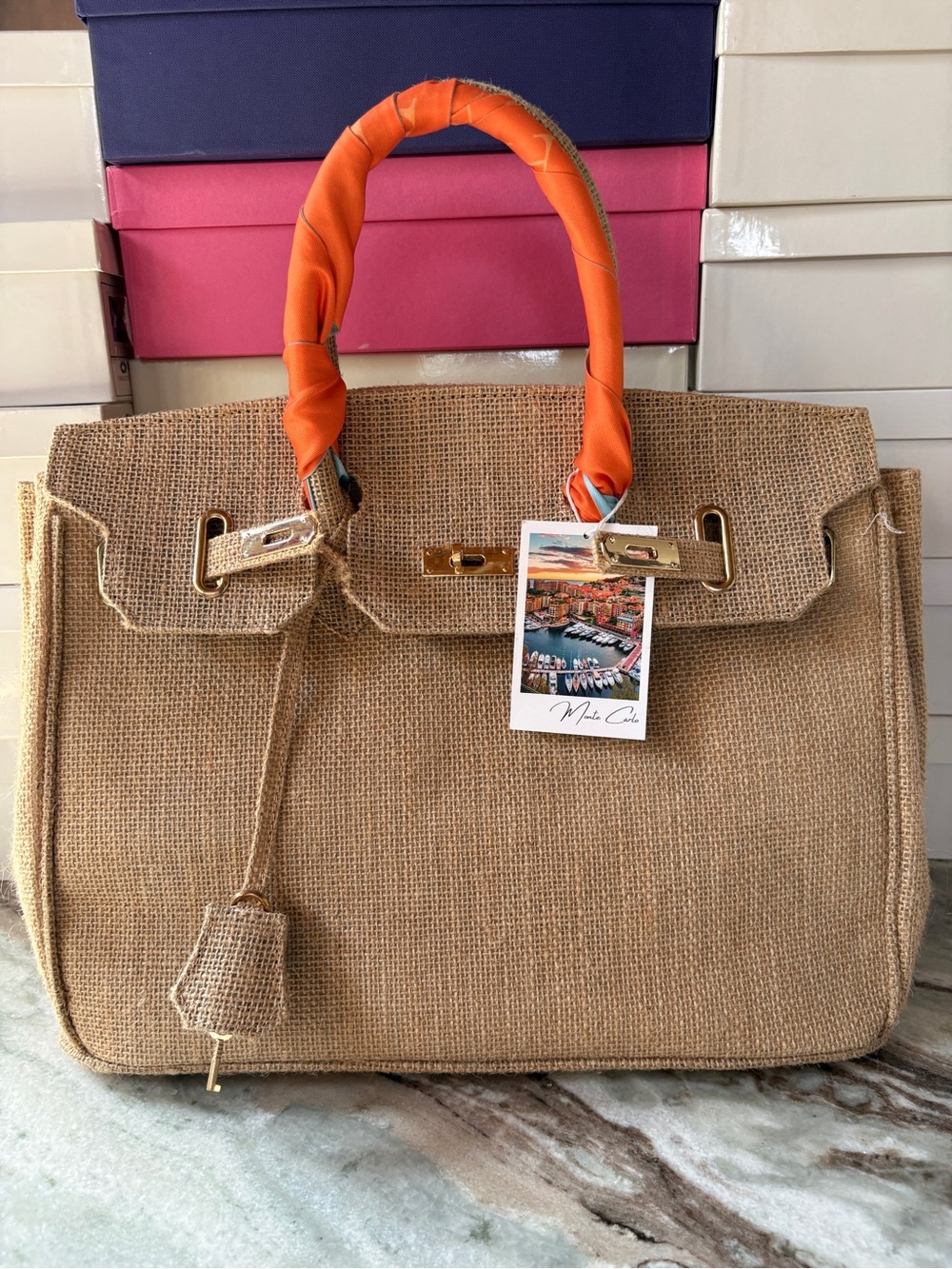 Neutral Burlap Tote with Orange Scarf Wrapped Handles